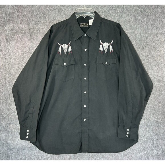 VTG High Noon Pearl Snap Western Shirt Men's XL Cow Skull Embroidered Black - Picture 1 of 10